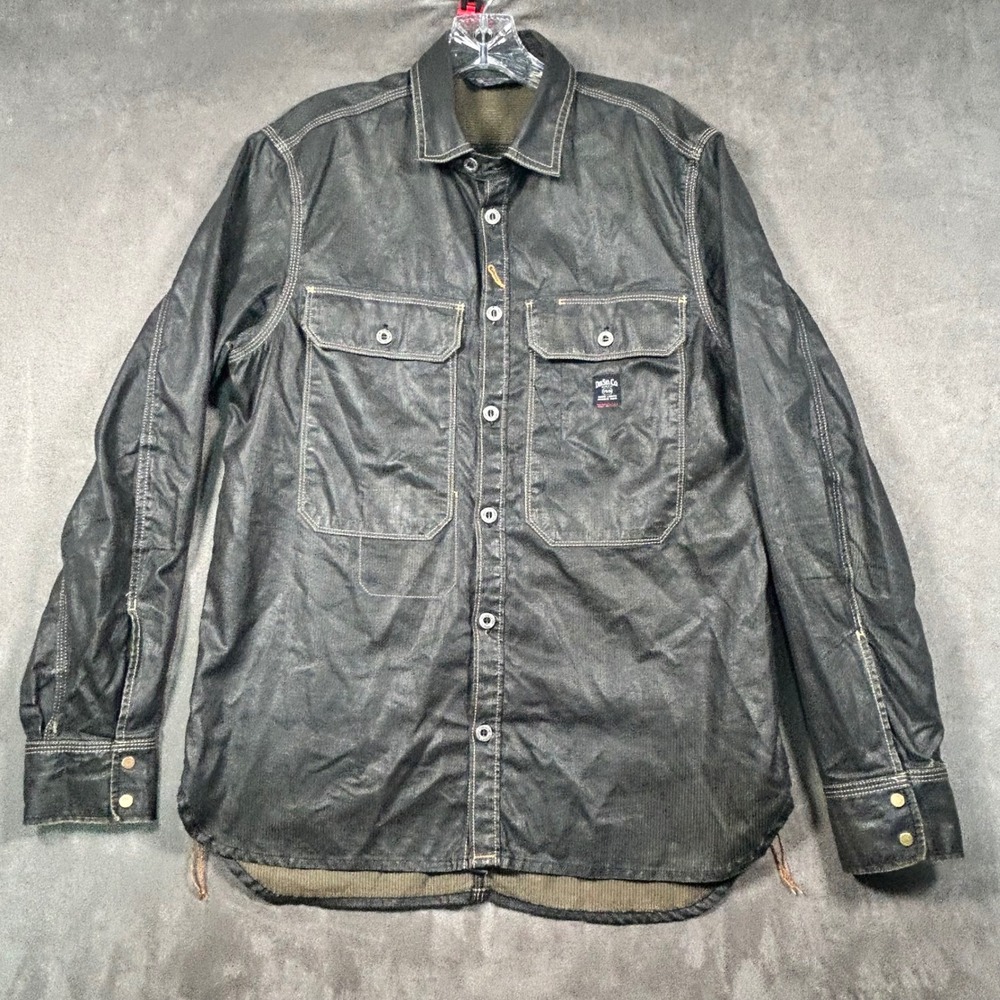 Diesel Industry Mens Large Waxed Coated Cotton Work Shirt Black Long Sleeve